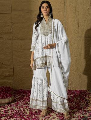 White embroidered chinon a-line kurta with sharara & lace dupatta set for women 1