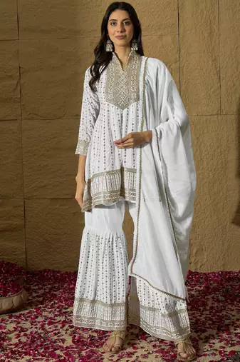 White embroidered chinon a-line kurta with sharara & lace dupatta set for women