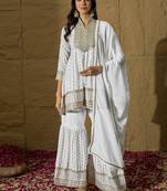 White embroidered chinon a-line kurta with sharara & lace dupatta set for women