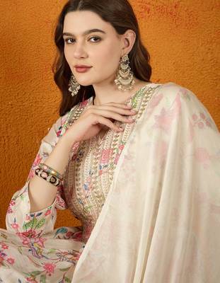 Cream embroidered chinon anarkali kurta sharara set with lace dupatta 4