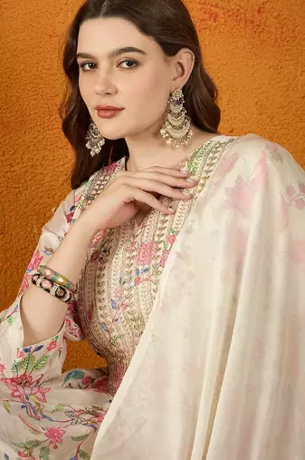 Cream embroidered chinon anarkali kurta sharara set with lace dupatta