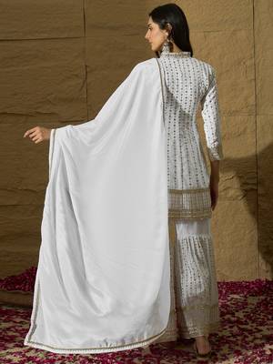White embroidered chinon a-line kurta with sharara & lace dupatta set for women 2