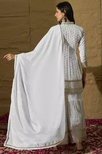 White embroidered chinon a-line kurta with sharara & lace dupatta set for women