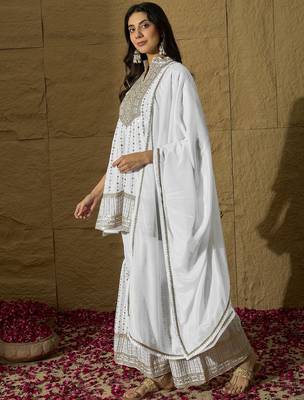 White embroidered chinon a-line kurta with sharara & lace dupatta set for women 3