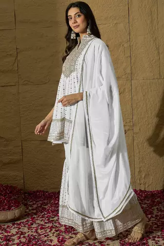 White embroidered chinon a-line kurta with sharara & lace dupatta set for women