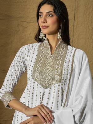 White embroidered chinon a-line kurta with sharara & lace dupatta set for women 4