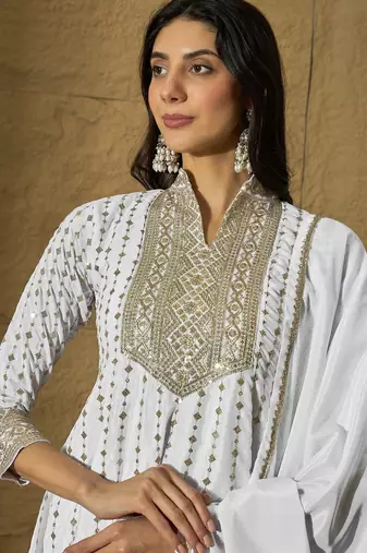 White embroidered chinon a-line kurta with sharara & lace dupatta set for women