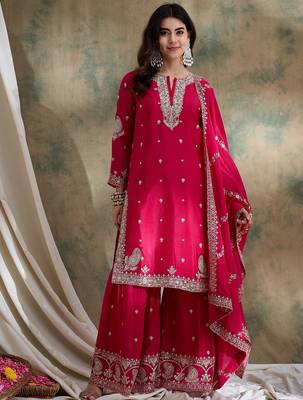 Pink embroidered chinon straight kurta with sharara & dupatta set for women 1