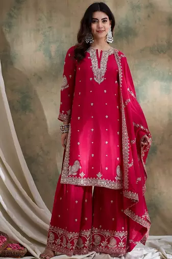 Pink embroidered chinon straight kurta with sharara & dupatta set for women