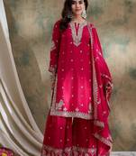 Pink embroidered chinon straight kurta with sharara & dupatta set for women