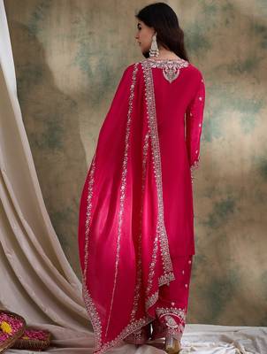 Pink embroidered chinon straight kurta with sharara & dupatta set for women 2