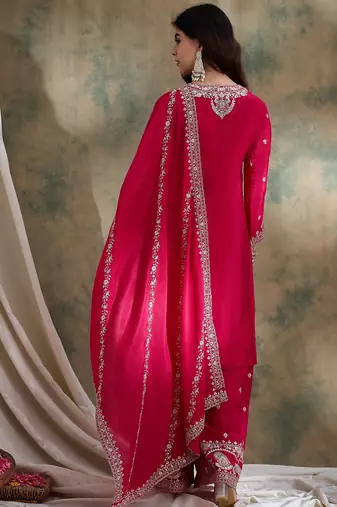 Pink embroidered chinon straight kurta with sharara & dupatta set for women