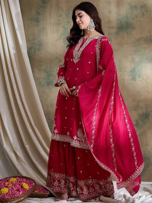 Pink embroidered chinon straight kurta with sharara & dupatta set for women 3