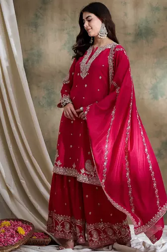 Pink embroidered chinon straight kurta with sharara & dupatta set for women