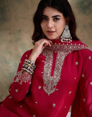 Pink embroidered chinon straight kurta with sharara & dupatta set for women 4