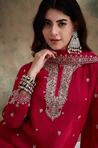 Pink embroidered chinon straight kurta with sharara & dupatta set for women