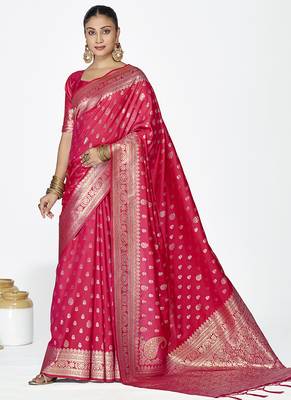 Rani pink premium banarasi art silk saree with rich golden zari 1