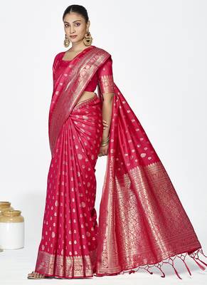 Rani pink premium banarasi art silk saree with rich golden zari 2