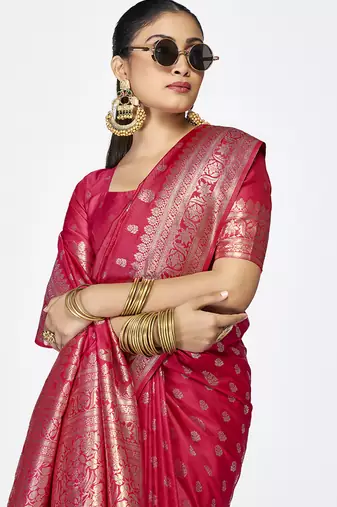 Rani pink premium banarasi art silk saree with rich golden zari
