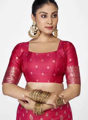 Rani pink premium banarasi art silk saree with rich golden zari 5