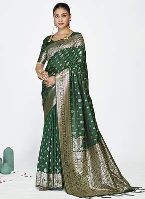 Emerald green banarasi art silk saree with antique golden zari 1