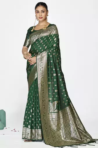 Emerald green banarasi art silk saree with antique golden zari