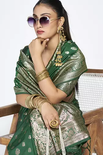 Emerald green banarasi art silk saree with antique golden zari