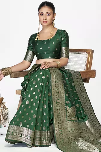 Emerald green banarasi art silk saree with antique golden zari