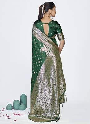 Emerald green banarasi art silk saree with antique golden zari 4