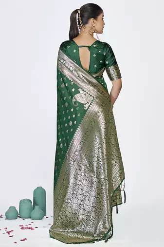 Emerald green banarasi art silk saree with antique golden zari