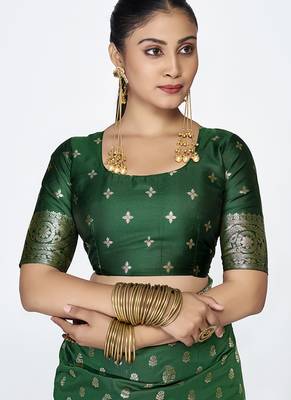 Emerald green banarasi art silk saree with antique golden zari 5
