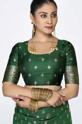 Emerald green banarasi art silk saree with antique golden zari