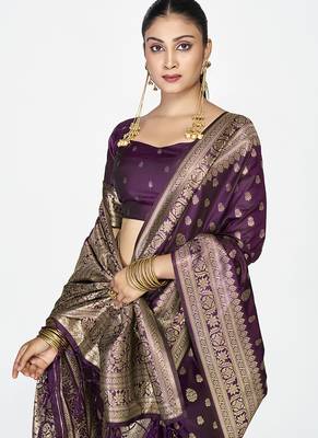 Wine purple zari woven banarasi art silk saree 3