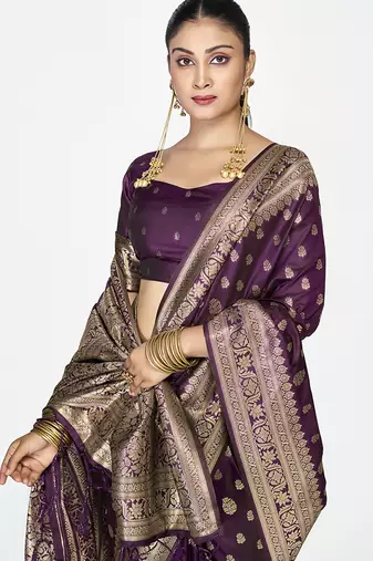 Wine purple zari woven banarasi art silk saree