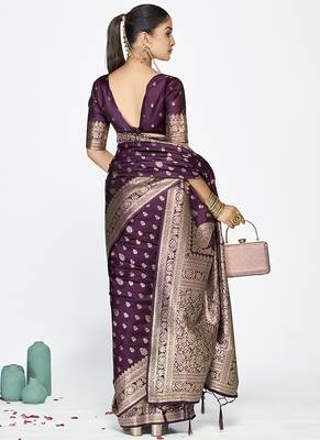 Wine purple zari woven banarasi art silk saree 4