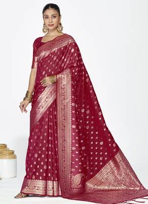 Maroon banarasi art silk saree with rich zari detailing 1