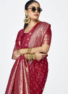Maroon banarasi art silk saree with rich zari detailing 4