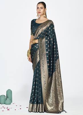 Navy blue premium banarasi art silk saree with gold zari 1
