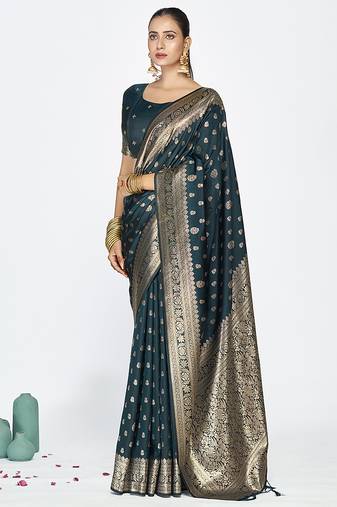 Navy blue premium banarasi art silk saree with gold zari