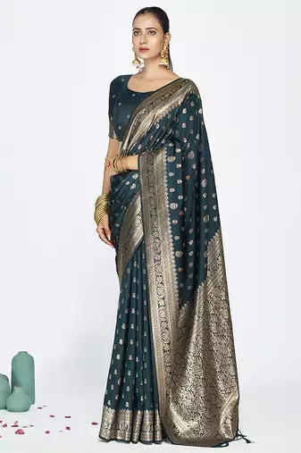 Navy blue premium banarasi art silk saree with gold zari