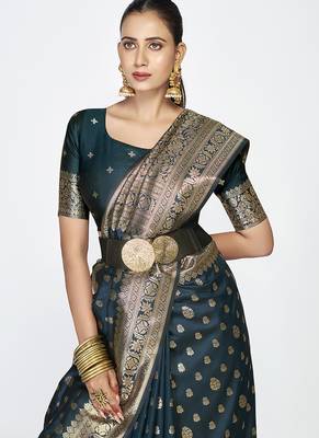 Navy blue premium banarasi art silk saree with gold zari 2