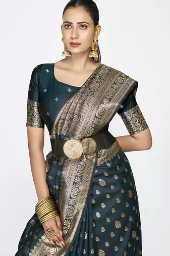 Navy blue premium banarasi art silk saree with gold zari