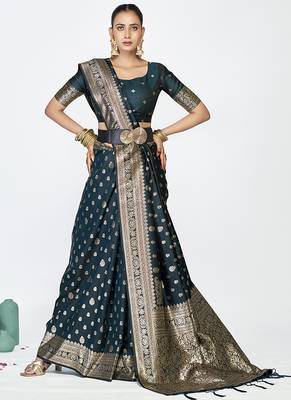 Navy blue premium banarasi art silk saree with gold zari 3