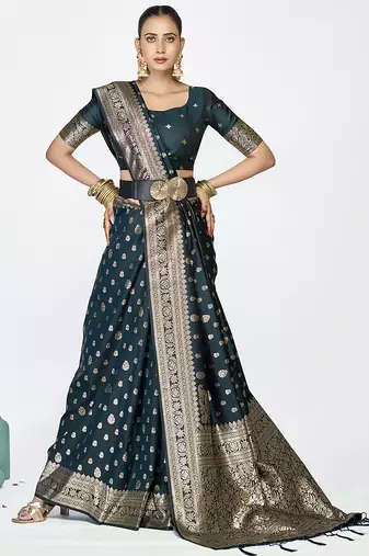 Navy blue premium banarasi art silk saree with gold zari
