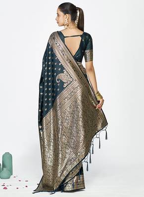 Navy blue premium banarasi art silk saree with gold zari 4