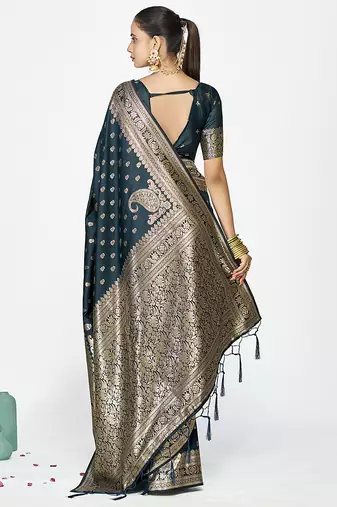 Navy blue premium banarasi art silk saree with gold zari