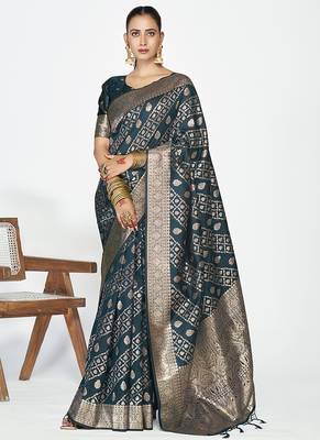 Peacock blue luxurious soft art silk zari weaving saree 1
