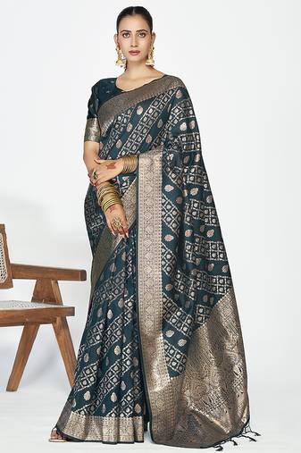 Peacock blue luxurious soft art silk zari weaving saree