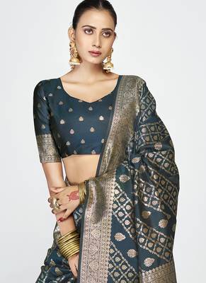 Peacock blue luxurious soft art silk zari weaving saree 2