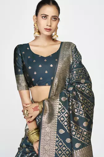 Peacock blue luxurious soft art silk zari weaving saree